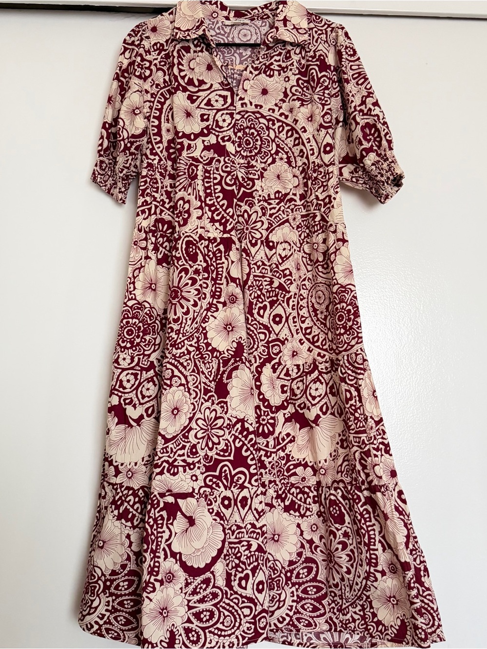 Umgee Floral Paisley Midi Shirt Dress in Burgundy and Cream